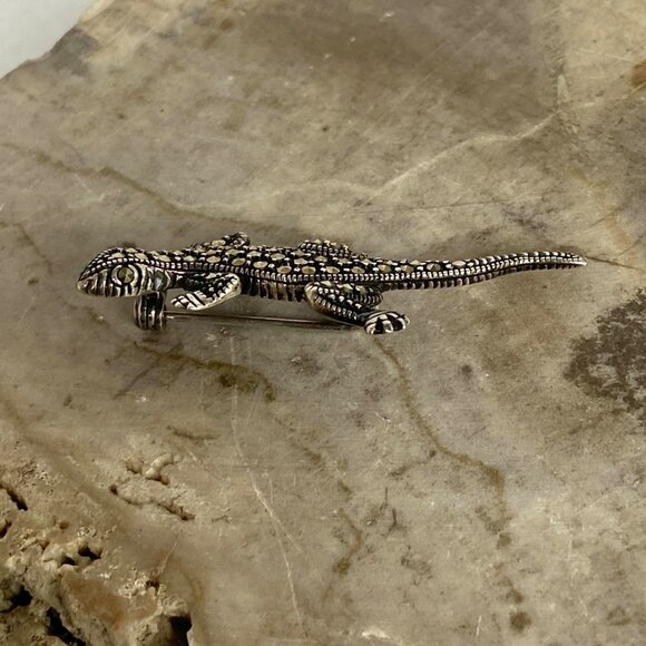 Sterling Silver 925 A Marcasite Lizard Animal Figural Brooch Pin - Picture 5 of 14